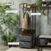 HOMCOM Clothes Rail, Metal Coat Stand, Garment Rack with 2 Fabric Storage Drawers, Single Wardrobe for Bedroom, Hallway, Rustic Brown and Grey(m-4)