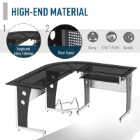 HOMCOM birou colt MDF, metal si sticla 164x139x75cm, negru(m-5)