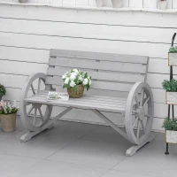 Outsunny Wooden Cart Wagon Wheel 2 Seater Garden Bench Outdoor Garden Armrest Chair Rustic High Back Loveseat Grey(m-12)