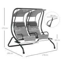 Outsunny Canopy Swing 2 Separate Relax Chairs w/ Handrails and Removable Canopy Grey(m-3)