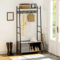 HOMCOM Coat Rack Stand, Shoe Bench with 5 Hooks and Storage Cabinet, Freestanding Metal Frame Hall Tree for Hallway, Grey(m-10)