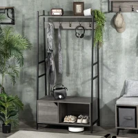 HOMCOM Coat Rack Stand, Shoe Bench with 5 Hooks and Storage Cabinet, Freestanding Metal Frame Hall Tree for Hallway, Grey(m-2)