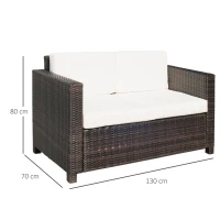 Outsunny tuin lounge PE rotan bank met kussens 2-zits tuin lounge bank buiten metaal polyester bruin + wit 130 x 70 x 80 cm(m-3)