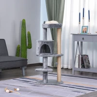 PawHut krabpaal kattengrot kattenhuis 4 verdiepingen met speelballen zitstok, sisalzuil en krabplank, groot, stevig, luxe, sisal pluche grijs 48 x 48 x 104 cm(m-10)