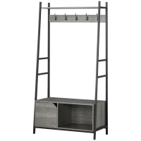 HOMCOM Coat Rack Stand, Shoe Bench with 5 Hooks and Storage Cabinet, Freestanding Metal Frame Hall Tree for Hallway, Grey(m-11)