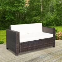 Outsunny tuin lounge PE rotan bank met kussens 2-zits tuin lounge bank buiten metaal polyester bruin + wit 130 x 70 x 80 cm(m-10)
