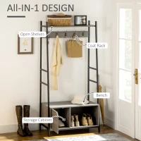 HOMCOM Coat Rack Stand, Shoe Bench with 5 Hooks and Storage Cabinet, Freestanding Metal Frame Hall Tree for Hallway, Grey(m-4)