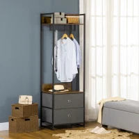 HOMCOM Clothes Rail, Metal Coat Stand, Garment Rack with 2 Fabric Storage Drawers, Single Wardrobe for Bedroom, Hallway, Rustic Brown and Grey(m-2)