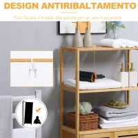 kleankin Mobiletto Bagno con 2 Ripiani Aperti e Armadietto a 2 Ante in Bambù 60x30x120cm(m-7)