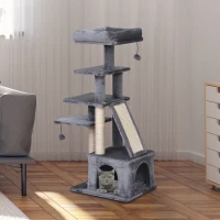 PawHut Kratzbaum Kletterbaum Katzenkratzbaum Katzenbaum Katzenmöbel mit Sisalsäule Katzenhaus Plüsch Grau 50 x 40 x 114 cm(m-10)