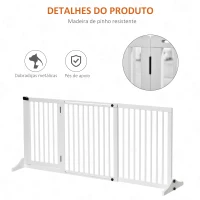 PawHut Barreira de Segurança Extensível 3 Peças com Estrutura de Madeira e Suporte de Pé 113-166x36x71cm Branco(m-8)