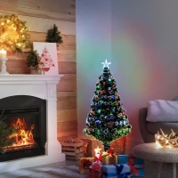 HOMCOM 4ft Artificial Prelit Christmas Tree, Snow Xmas Tree with Colourful LED Lighting Fiber Optics, Green White(m-12)
