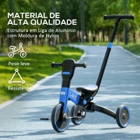 HOMCOM Triciclo Infantil 4 em 1 com Guiador Ajustável e Desmontável Estrutura de Liga de Alumínio 101x45x76,2-98,8cm Azul(m-7)