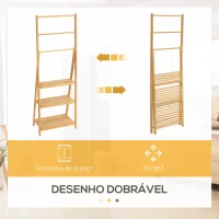 kleankin Toalheiro de Pé de Bambu com 3 Barras Toalheiro Dobrável com 3 Prateleiras de Armazenamento 53x30,5x152cm Madeira(m-6)