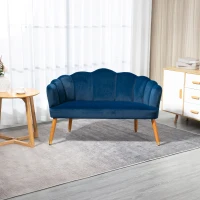 HOMCOM 2-Sitzer Sofa im Retro-Design, Holzbeine, Velvet-Touch 132 cm x 66 cm x 80 cm Dunkelblau(m-9)