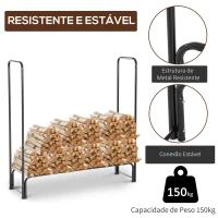 HOMCOM Suporte para Lenhas 122x35x122 cm Porta Lenha de Metal para Exterior e Interior Carga Máxima 150 kg Preto(m-5)