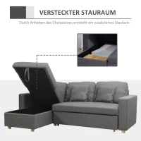 HOMCOM Ecksofa, Eckcouch, Schlafsofa, ausziehbar, mit Bettfunktion, Stauraum, Leinenoptik, dunkelgrau, 228 x 148 x 88cm(m-7)