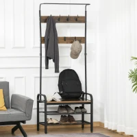 HOMCOM Móvel Cabide de Entrada com 8 Ganchos e Sapateira Armário de Entrada com Cabides 72x34x185cm Marrom e Preto(m-4)
