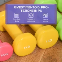 HOMCOM Set Manubri Pesi per Braccia con Valigetta, 6 Manubri da 0.5kg 1kg 1.5kg Acciaio e Rivestimento PU, Rosso Giallo e Verde(m-6)