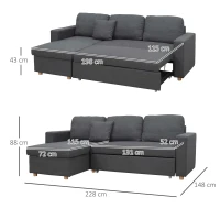 HOMCOM Ecksofa, Eckcouch, Schlafsofa, ausziehbar, mit Bettfunktion, Stauraum, Leinenoptik, dunkelgrau, 228 x 148 x 88cm(m-3)