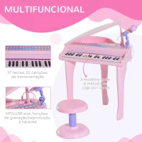 HOMCOM Piano para Crianças com 37 Teclas Microfone Banco Luzes 22 Músicas e Entrada para MP3 e USB 48x39x69 cm Rosa(m-5)