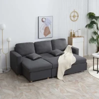 HOMCOM Ecksofa, Eckcouch, Schlafsofa, ausziehbar, mit Bettfunktion, Stauraum, Leinenoptik, dunkelgrau, 228 x 148 x 88cm(m-2)