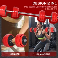 HOMCOM Set 2 in 1 Bilanciere e Manubri Pesi da 30kg, Dischi con Rivestimento in Plastica Antigraffio, Rosso e Nero(m-4)