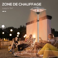 Outsunny Parasol chauffant électrique 3000W chauffage d'appoint sans CO₂ 13 m² et IP44 - chauffage infrarouge sur pied 3 puissances de chauffe - hauteur réglable de 160 à 200 cm acier inox. argent(m-5)