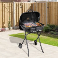 Outsunny Barbecue in Acciaio con 2 Ruote, Coperchio, Ventola Controllo Calore, Gambe Pieghevoli | Nero | 57x70x86cm(m-2)