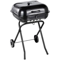 Outsunny Barbecue in Acciaio con 2 Ruote, Coperchio, Ventola Controllo Calore, Gambe Pieghevoli | Nero | 57x70x86cm(m-1)