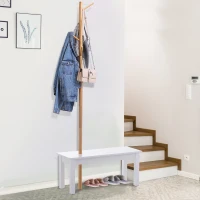 HOMCOM Banc porte-manteaux 2 en 1 design contemporain cosy dim. 80L x 30l x 180H cm MDF blanc bois massif bambou(m-10)