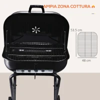 Outsunny Barbecue in Acciaio con 2 Ruote, Coperchio, Ventola Controllo Calore, Gambe Pieghevoli | Nero | 57x70x86cm(m-6)