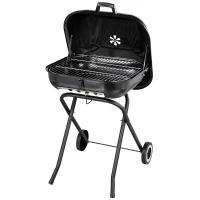 Outsunny Barbecue in Acciaio con 2 Ruote, Coperchio, Ventola Controllo Calore, Gambe Pieghevoli | Nero | 57x70x86cm(m-11)