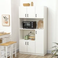 HOMCOM Dulap inalt din placi aglomerate cu 6 dulapuri si 2 rafturi deschise, pentru bucatarie, sufragerie si camera de zi 100x40x180 cm, alb(m-2)