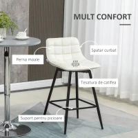 HOMCOM Set de 2 scaune de bar cu spatar si suport pentru picioare, scaune inalte tapitate in stil nordic din metal si catifea, alb-crem, 45x47x84 cm(m-5)