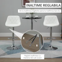 HOMCOM Set 2 Scaune de Bar Pivotante și Reglabile, Piele Ecologică Albă, cu Cusături Diamant, Ușor de Curățat, Eleganță Fără Griji de Pete(m-4)