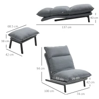 HOMCOM Fotoliu cu 4 nivele de relaxare cu fotoliu de picior cu otoman din material textil, mobilier modern pentru camera de zi, gri deschis(m-3)
