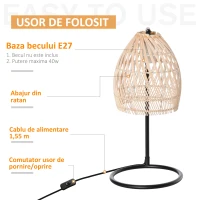 HOMCOM Lampa de masa Vintage din metal si Rattan Cuplare E27 Ф20x41cm Bej(m-6)