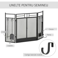 HOMCOM Opritor Scantei Semineu Modern Pliabil din Metal Negru, 122x1,6x80cm(m-7)