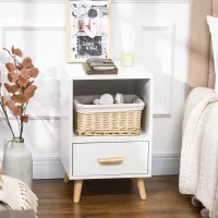 HOMCOM Mesa de Cabeceira Mesa Auxiliar Moderna com 1 Gaveta e Compartimento de Armazenamento 40x40x62cm Branco e Madeira(m-2)