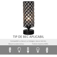 HOMCOM Lampa de Masa cu Abajur din Cristal si 2 Porturi USB, Intensitatea Luminii Reglabila Touch Ф10,8 x 30 cm, Negru(m-6)