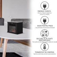 HOMCOM Șemineu Electric de PodeaPutere 600W/1200W din Plastic și Sticlă Temperată Negru, 34x17x25cm(m-8)