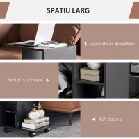 HOMCOM Masa laterala in forma de C cu 2 rafturi deschise si 4 roti pivotante, PAL, 45x35x58cm, negru(m-4)