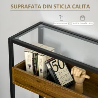 HOMCOM Masa Consola pentru Intrare in Stil Industrial, Blat din Sticla, Cadru  din Otel si Lemn, Masuta pentru Living si Sufragerie, Maro Rustic(m-5)