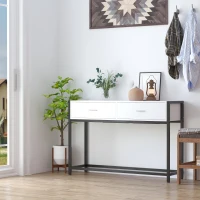 HOMCOM Table Console de salon Table d'appoint dim. 120L x 34l x 81H cm 2 tiroirs métal Noir en Bois Blanc(m-2)