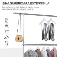 HOMCOM Cuier pentru haine cu inaltime si extensie reglabile, 165 x 48 x 180 cm, Inox / ABS, Argintiu / Gri(m-4)