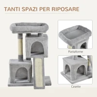 PawHut Albero Tiragraffi per Gatti con Pali in Sisal, Lettino e 2 Casette, 59x39x83cm, Grigio(m-6)