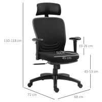 Vinsetto Bürostuhl Schreibtischstuhl Computerstuhl PC Stuhl Home-Office-Stuhl mit Wippenfunktion Kopflehne Fußstütze höhenverstellbar ergonomisch 360°-Drehräder PU Mesh Schwarz 68x72x110-118 cm(m-3)