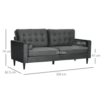 HOMCOM 3-Seater Sofa, 204 cm Sofa Couch with Button-Tufted Back Cushion, 2 Pillows and Rubber Wood Legs for Living Room, Grey(m-3)