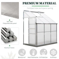 Outsunny 6 X 4ft Walk-In Lean to Greenhouse Garden Heavy Duty Aluminium Polycarbonate with Roof Vent for Plants Herbs Vegetables, Silver(m-6)
